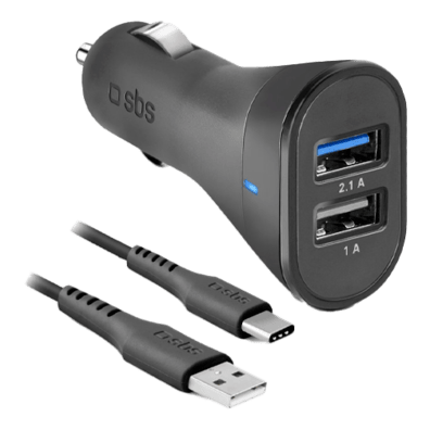 Car Charger 2100mAh 2xUSB+Type-C Cable By SBS | BITĖ